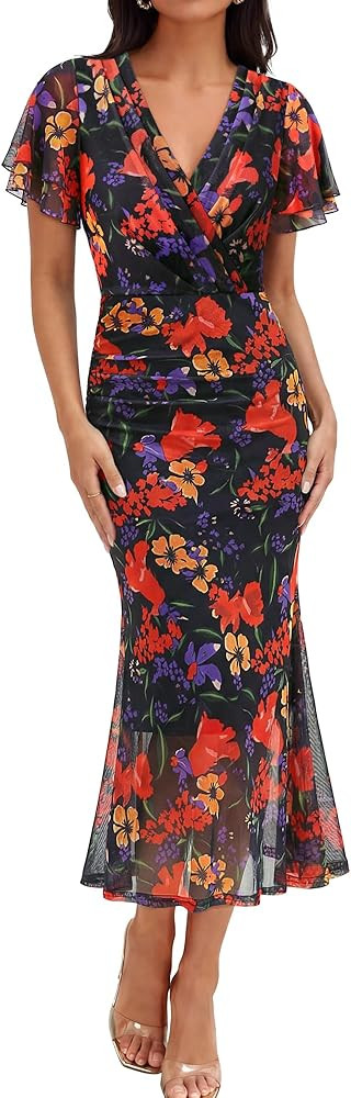 Gaharu Women's Summer Floral Bodycon Maxi Dress 2026 Ruched Mesh Ruffle Sleeve Spring Wedding Gue... | Amazon (US)