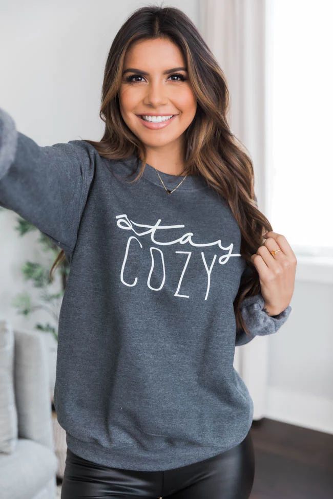 Stay Cozy Dark Heather Graphic Sweatshirt | Pink Lily