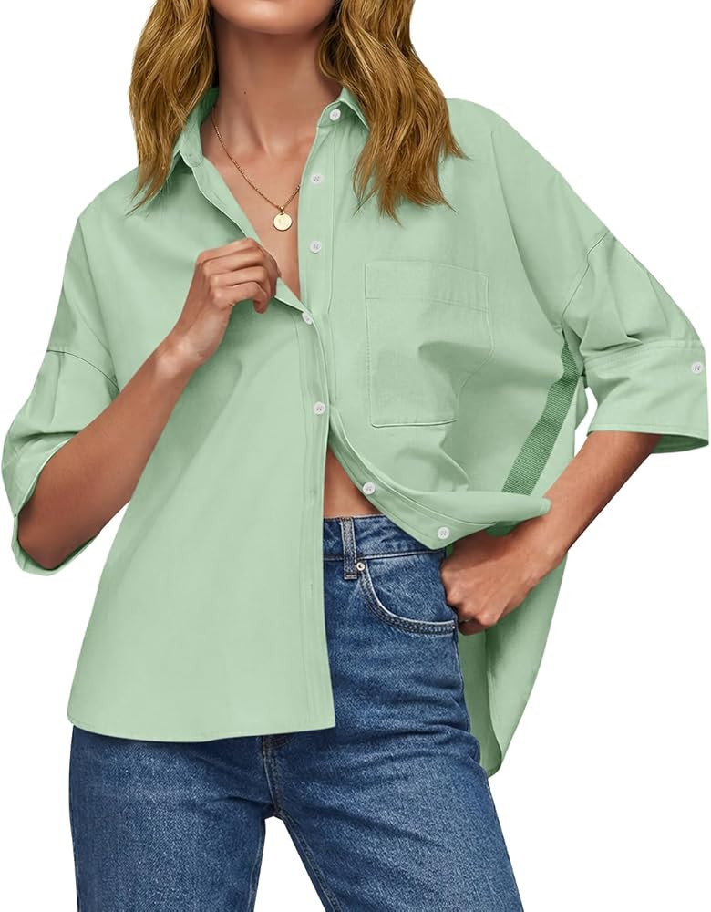 Cicy Bell Womens Summer Oversized Button Down Shirts Half Sleeve V Neck Business Casual High Low ... | Amazon (US)