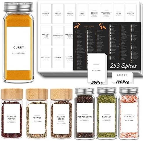 DazSpirit 408 Minimalist Spice Jar Labels, 253 Preprinted + 120 Expiration Date + 35 Blank Labels, W | Amazon (US)