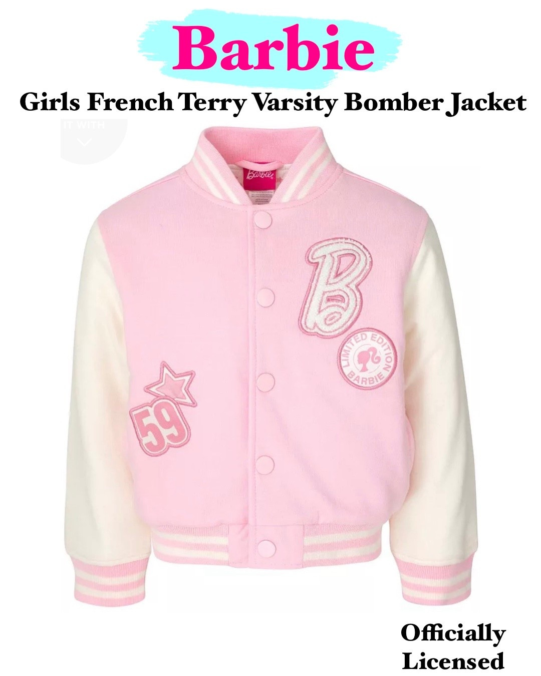 Officially Licensed Barbie Girls French terry varsity bomber jacket. Pink and perfect  

#LTKdayinmylife #LTKKids #LTKootd