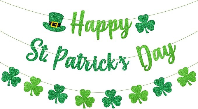 JOZON Glittery Happy St. Patrick's Day Banner and Shamrock Banner Green Glitter Saint Patrick's D... | Amazon (US)