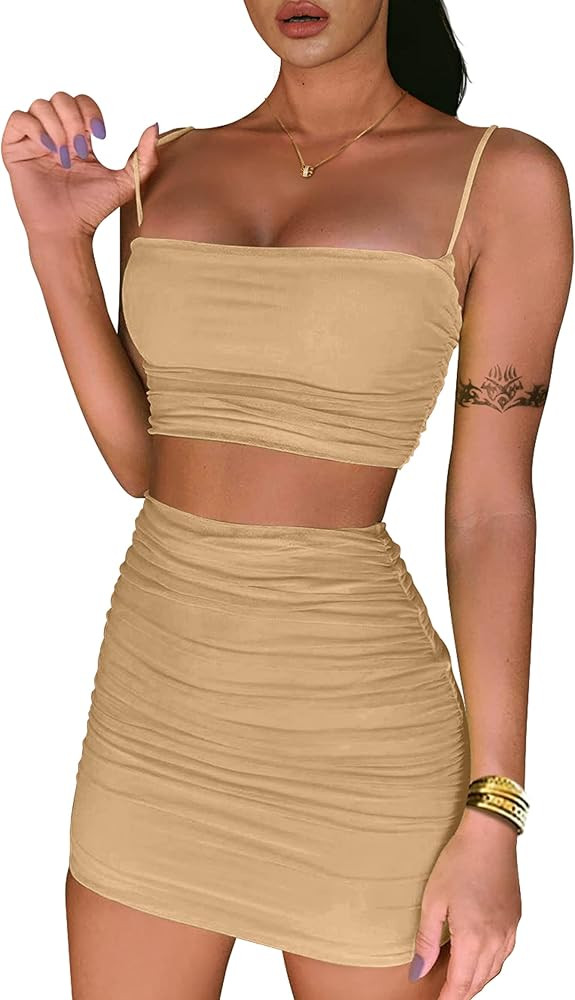 BEAGIMEG Women's Ruched Cami Crop Top Bodycon Skirt 2 Piece Outfits Dress | Amazon (US)