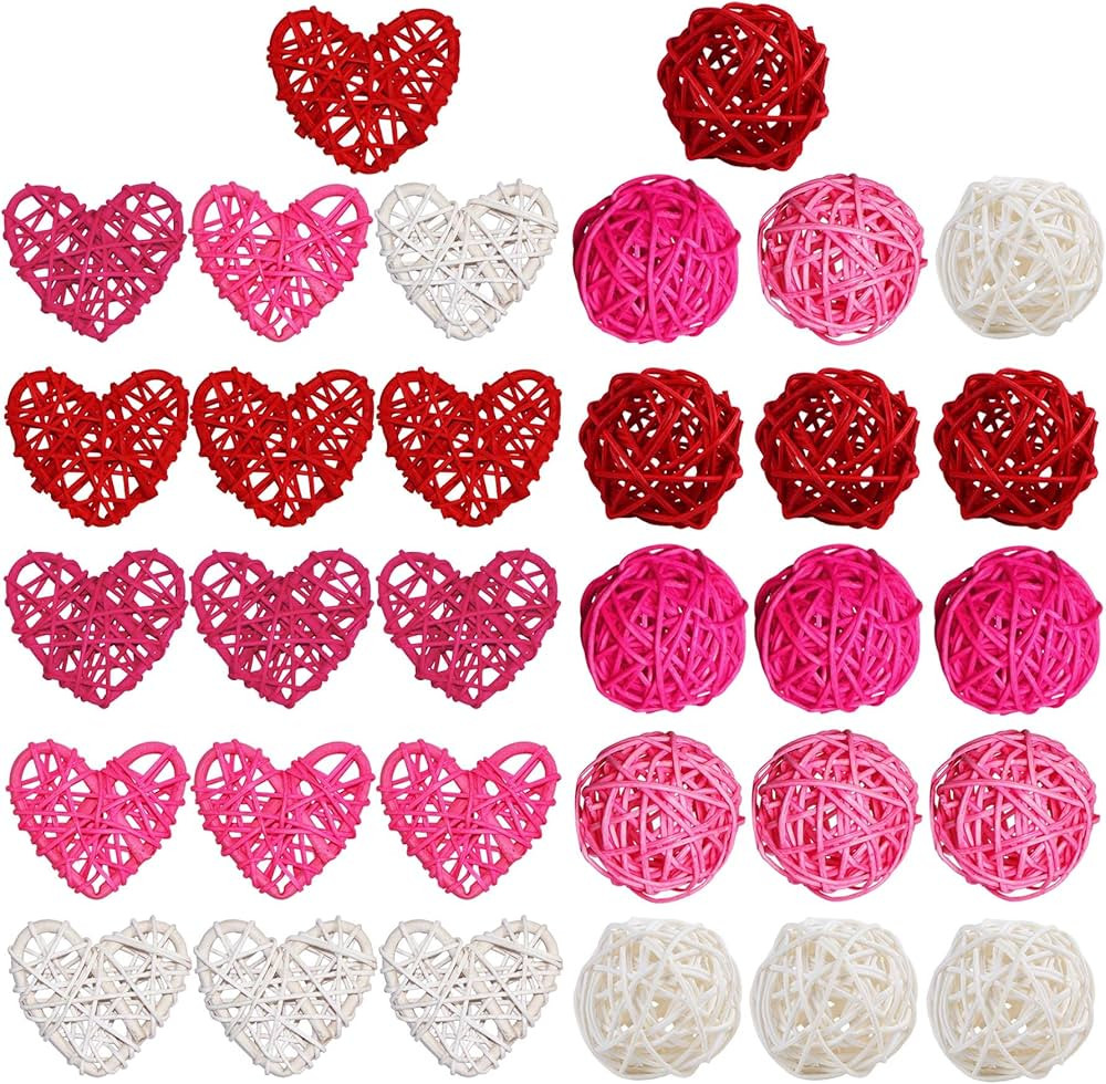 STMK 32 Pcs 2 Inch Valentine’s Day Heart Shaped & Round Rattan Balls Decorative, Wedding Wicker... | Amazon (US)
