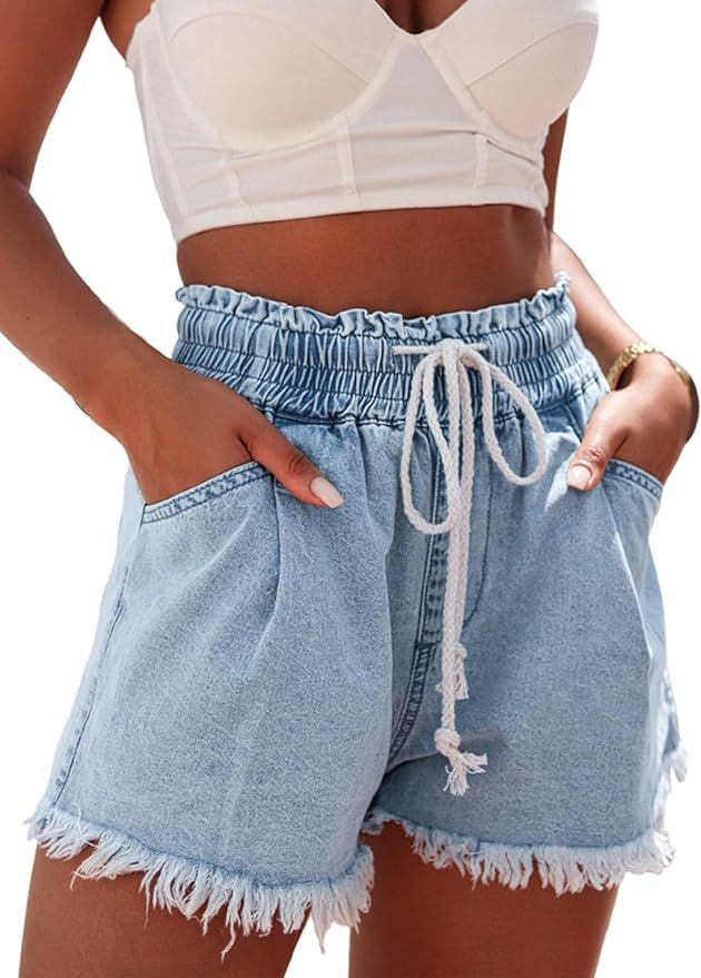 Sidefeel Women's Jean Shorts Casual Summer High Waisted Raw Hem Denim Shorts with Pocket | Amazon (US)