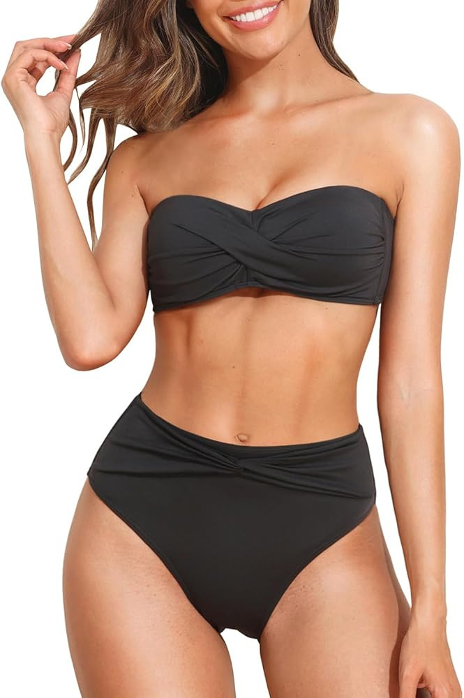 Tempt Me Women Bandeau Bikini Set Twist Strapless Two Piece Swimsuit High Cut High Waisted Bathin... | Amazon (US)