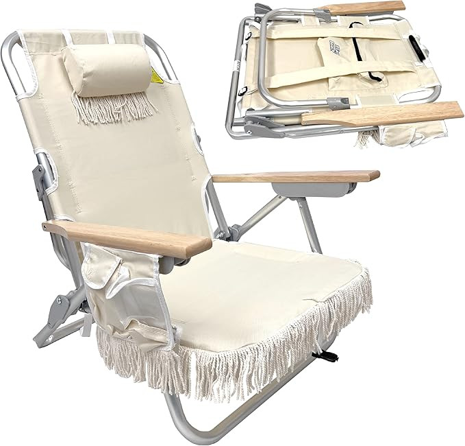 Tassel Backpack Beach Chair 5 Positions and Cup Holder Pouch on Side-Padded Pillow-Storage Bag on... | Amazon (US)