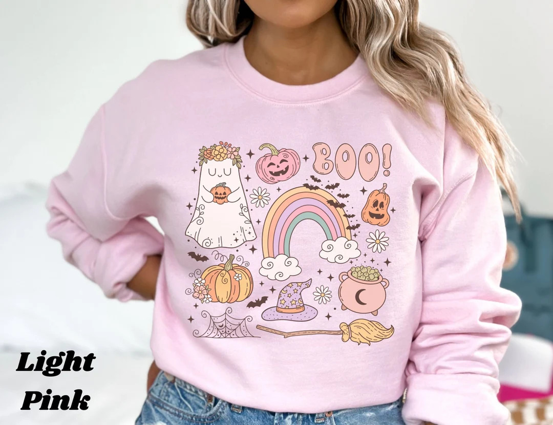 Cute retro pink Halloween doodles sweatshirt, Boo hippie ghost sweatshirt, Bat sweatshirt, Wiccan... | Etsy (US)