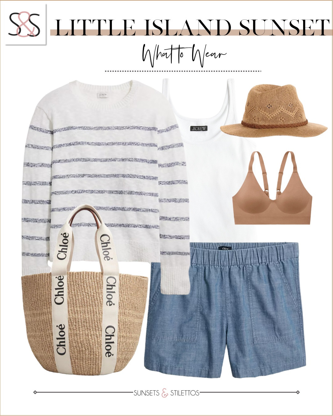 Sunset stripes and chambray charm set the mood for a relaxed evening stroll. Lightweight layers and woven textures make this look  spring-ready

Sunsets and Stilettos outfit striped sweater chambray shorts spring coastal look J.Crew pieces Chloé tote beachy spring style New York sunset outfit ideas spring layering

#LTKSeasonal #LTKStyleTip #LTKOver40
