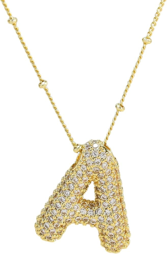 Shiny Cubic Zirconia Bubble Alphabet 26 A-Z,Puffy Name,Letter Necklace,Personalized Monogram Neck... | Amazon (US)