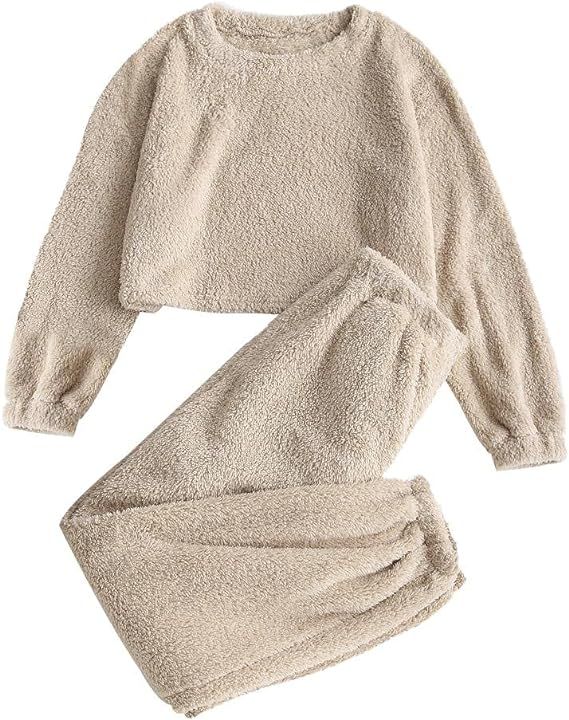 ZAFUL Women's Fuzzy Lounge Casual Pajamas Sets Long Sleeve Fleece Pullover and Pants Set 2 Piece ... | Amazon (US)