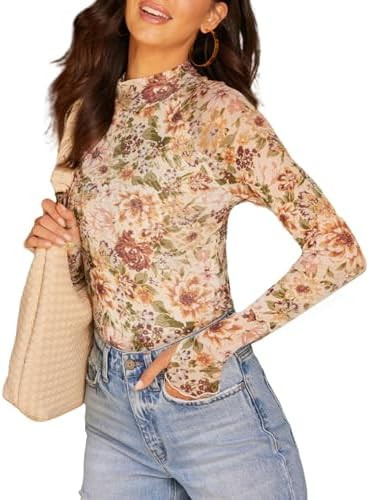 Dressmine Long Sleeve Mesh Tops for Women Mock Neck Floral Blouse Layering Sexy Fitted Going Out ... | Amazon (US)
