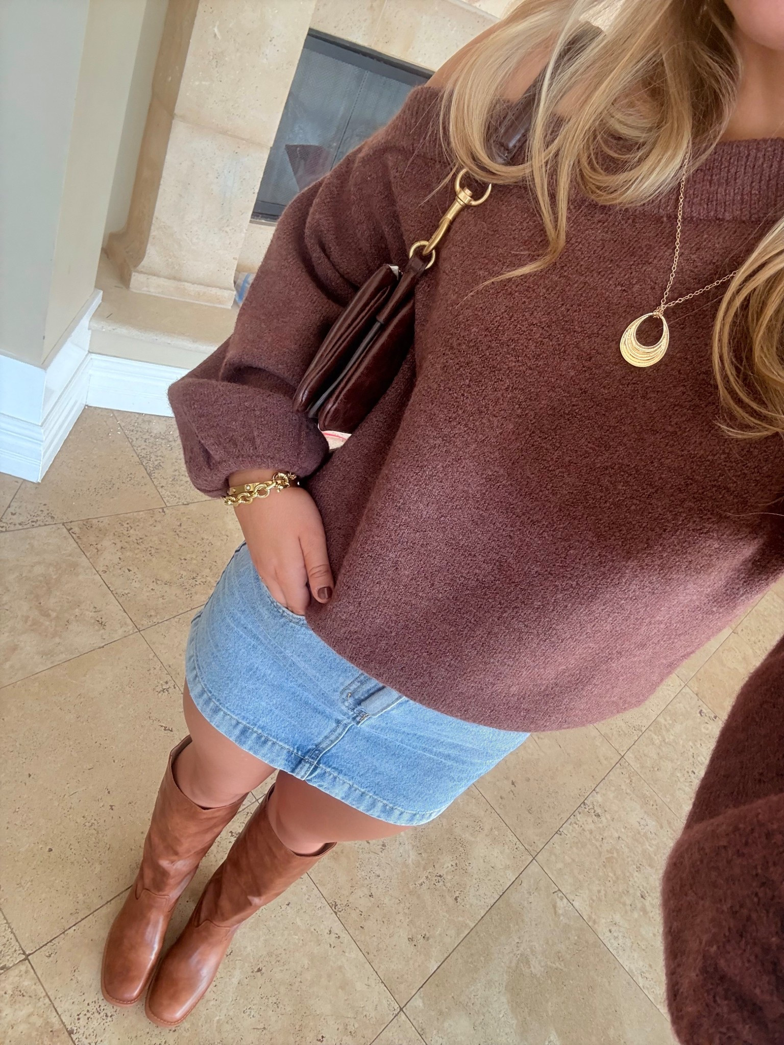 thanksgiving outfit 🤎🤎
brown sweater 
off the shoulder sweater 
denim skirt
low rise denim skirt 
brown boots
boots
knee high boots 
chunky jewelry 
gold necklace 
chunky necklace 
brown purse 
brown purse with gold accents

#LTKootd #LTKFindsUnder100 #LTKHoliday