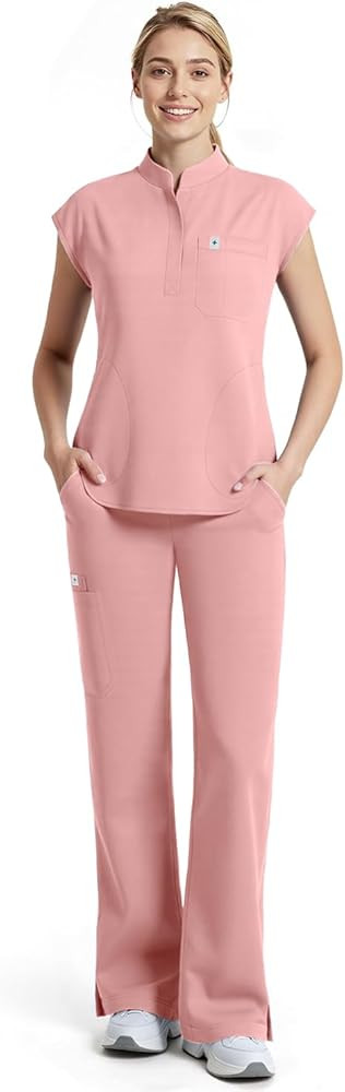 Amazon.com: Dvoliaw Women Scrubs Set,Sleeveless Stand Collar Scrub Top,Straight Leg Scrub Pant,11... | Amazon (US)