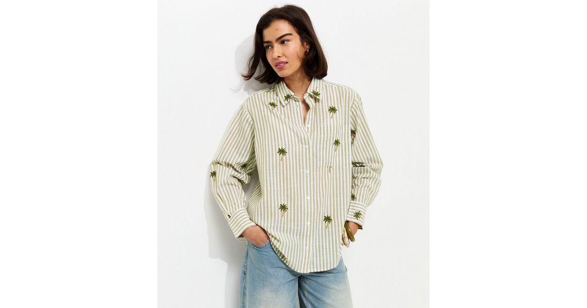 Green Striped Palm Tree Embroidered Shirt | New Look | New Look (UK)