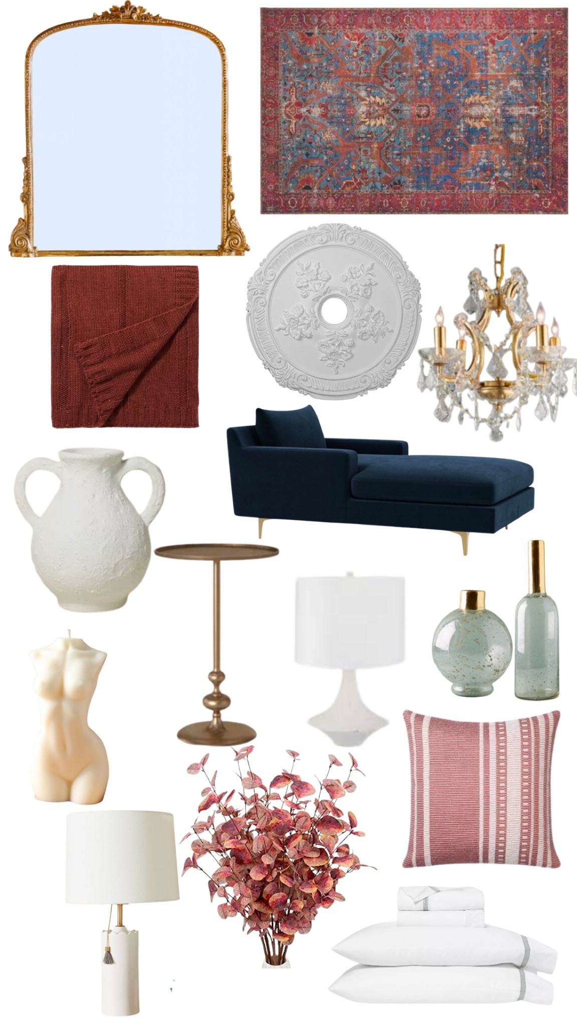 Bedroom decor 
Fall throw blanket and pillow, gold Anthropologie mirror, Crystal chandelier, white duvet and sheet set, white table lamp, glass gold vase, white vase, faux fall flowers, candle, gold accent table, navy blue velvet chaise, Anthropologie primrose vanity mirror

#LTKSeasonal #LTKhome #LTKstyletip