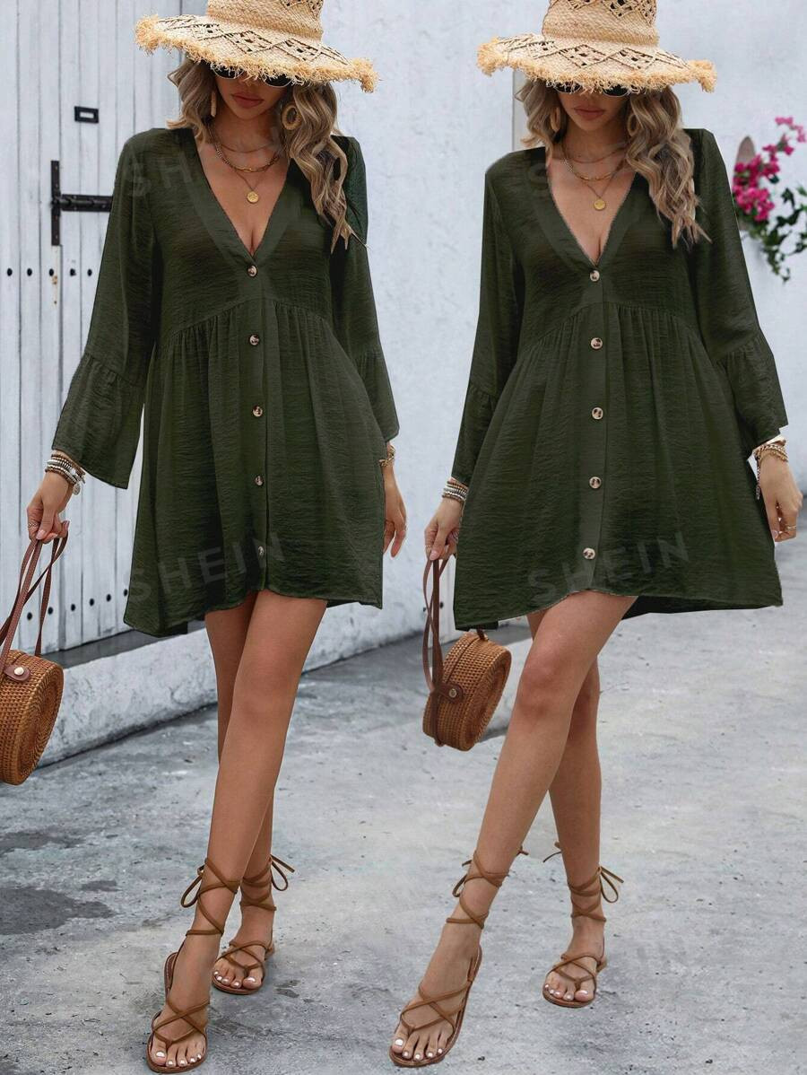 SHEIN JORESS Women's Summer Holiday Casual Solid Color Deep V-Neck Front Button Dress | SHEIN