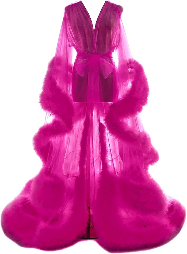 Old Hollywood Feather Robe for Women Long Lingerie Tulle Bathrobe Wedding Scarf Bridal Robe Mater... | Amazon (US)
