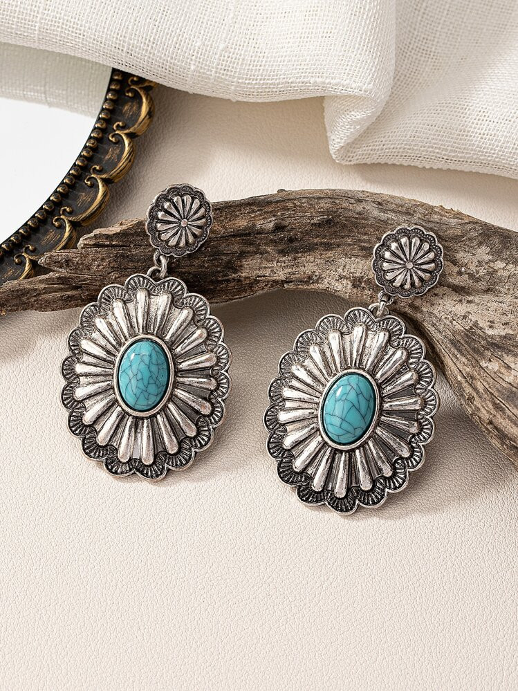 1pair Fashionable Retro Turquoise Earrings For Women, Suitable For Outdoor Parties And Western St... | SHEIN