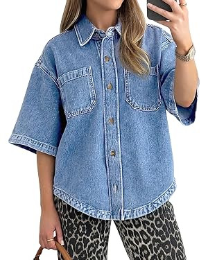 POTILI Women's Denim Shirt, Button Down Short Sleeve Jean Shirts Casual Top Outfits Trendy | Amazon (US)