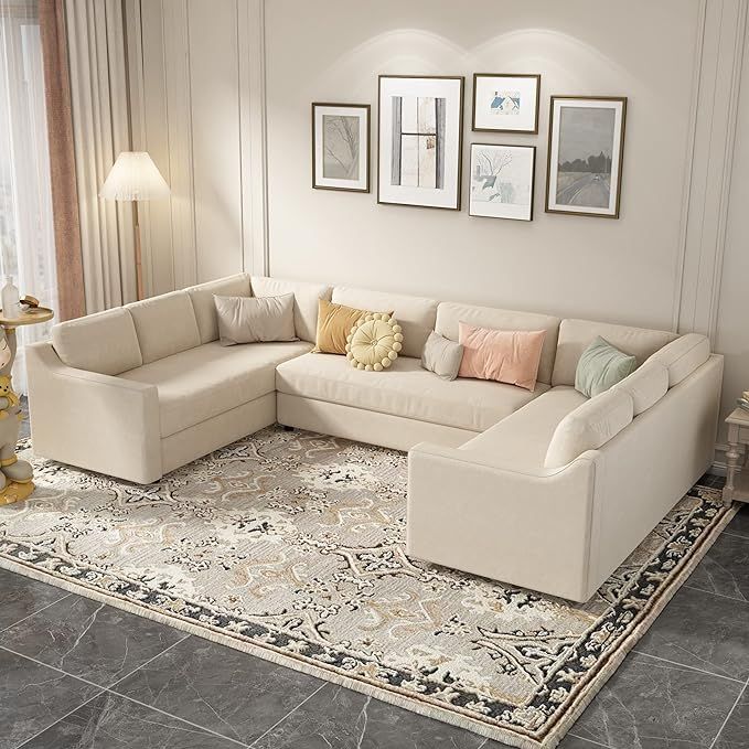 Merax Upholstered U-Shaped Large Sectional Sofa with Thick Seat, 8 Seater, Beige | Amazon (US)