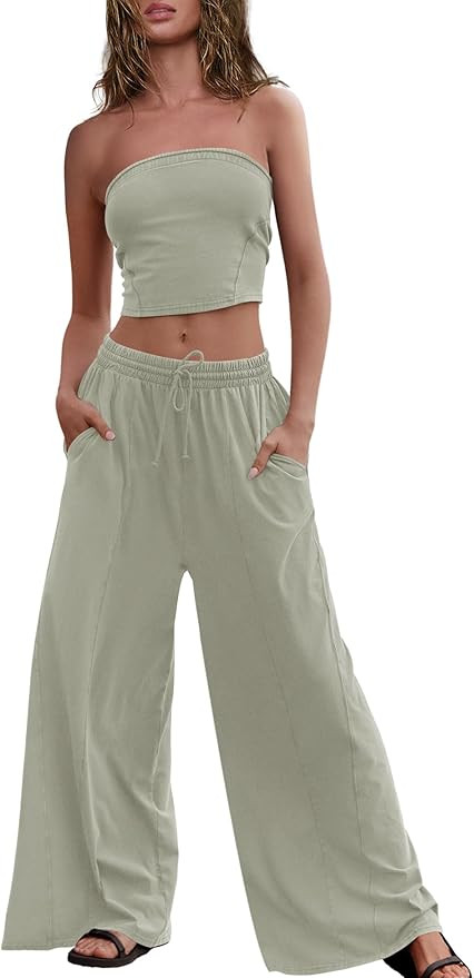 Panadila Womens Summer Lounge Sets 2 Piece Outfits Tube Top and Wide Leg Pants Matching Set Beach... | Amazon (US)