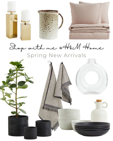 H&M Home new arrivals | oil and vinegar bottle | gold candlestick | black wood plant pot | wood plant pot | black plant pot | stoneware pitcher | muslin duvet | porcelain bowl set | porcelain plate set | cotton hand towels | glass vase | flower vase 

#LTKunder100 #LTKhome #LTKFind