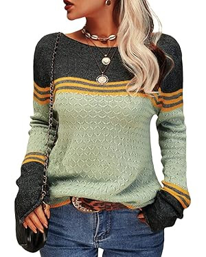 Danedvi Womens Fall Fashion 2025 Sweaters Colorblock Lightweight Striped Crewneck Winter Trendy P... | Amazon (US)