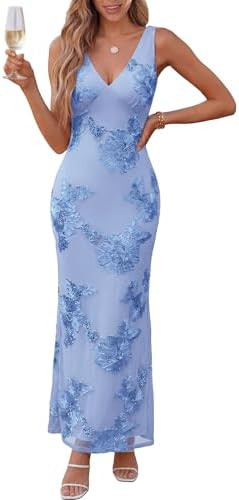 Caracilia Women Floral Maxi Dress 2026 Summer Mesh Deep V Neck Bodycon Formal Wedding Guest Cockt... | Amazon (US)