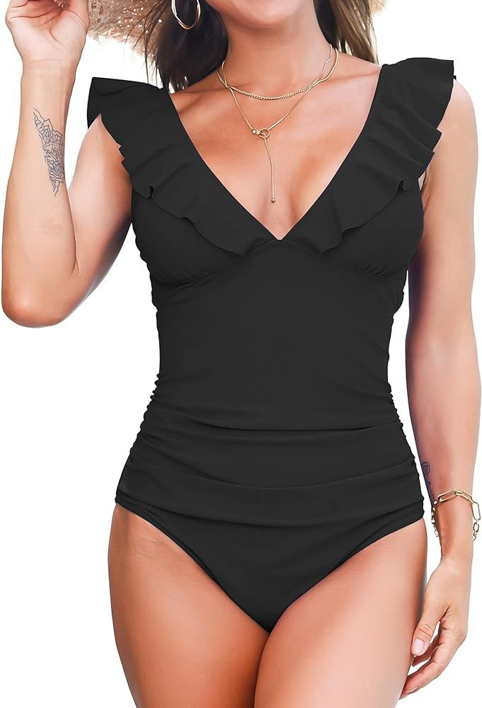 Annbon Women's V-Neck One Piece Swimsuit Ruffled Tummy Control Bathing Suit | Amazon (US)