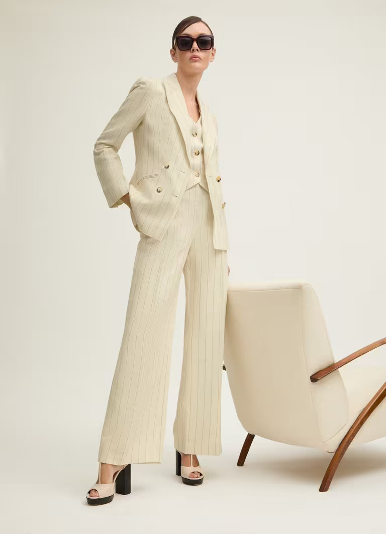 Amore Cream & Black Linen Blend Pinstripe Wide Leg Trouser | L.K. Bennett (UK)