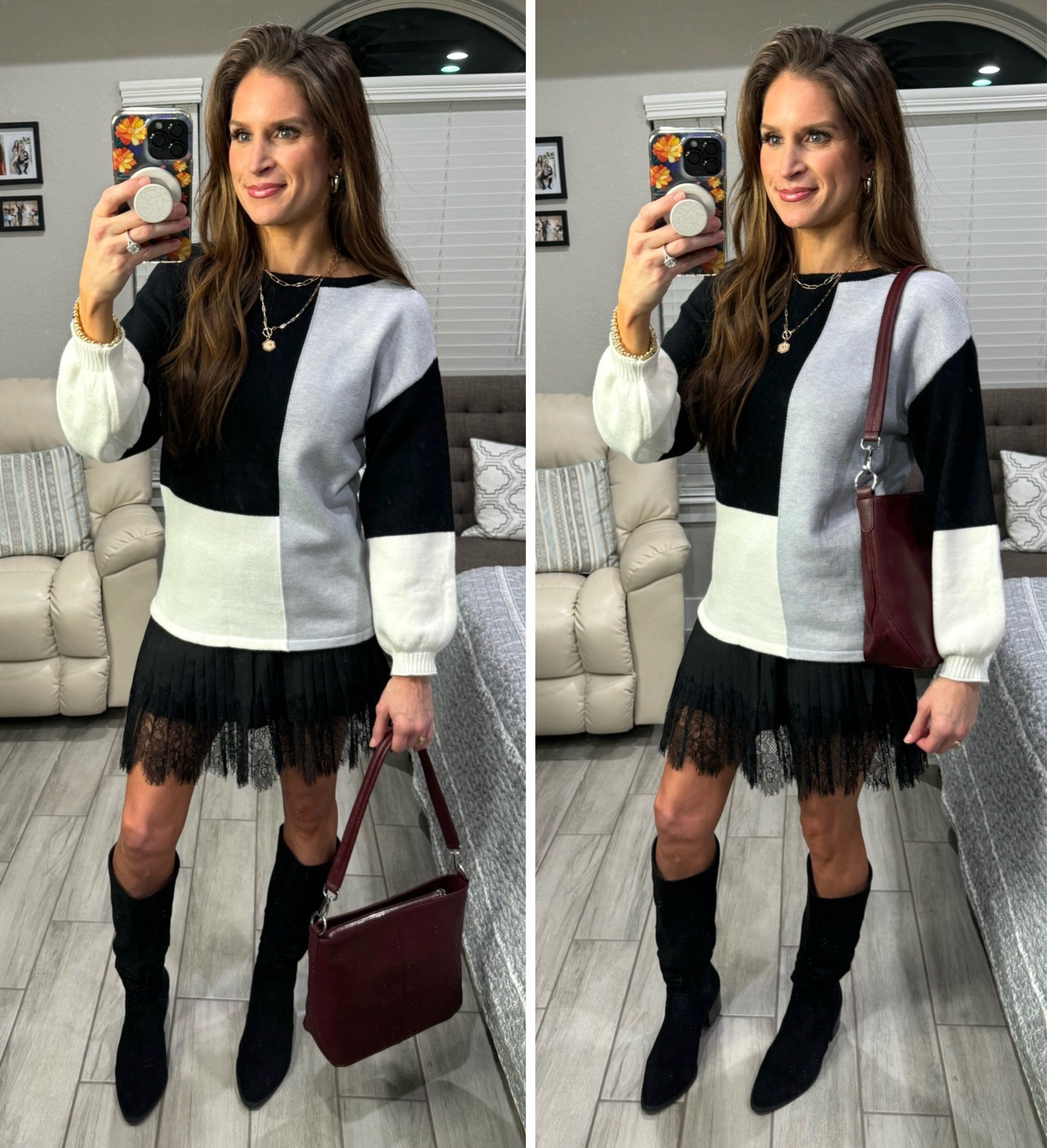 Loving all the burgundy trending! This genuine leather handbag (ON SALE) comes w/this shorter strap & a longer crossbody strap w/a woven design. Wearing a small sweater & skirt, boots run TTS.

#LTKCyberWeek 

#LTKGiftGuide #LTKItBag