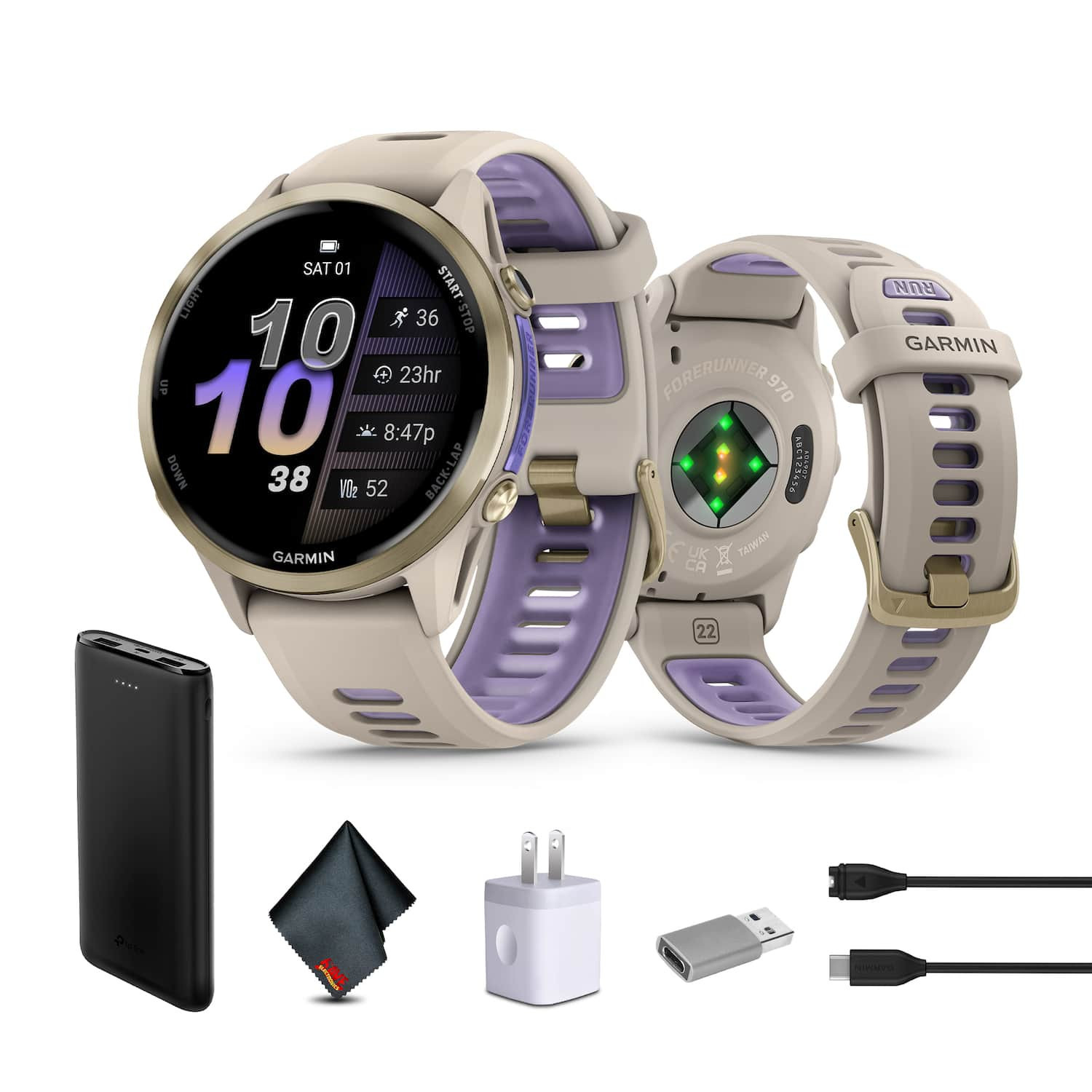 Garmin - Forerunner 970 Running Smartwatch, Soft Gold Titanium and French Gray/Translucent Indigo Band Bundle - Gray - (2025) | Best Buy U.S.