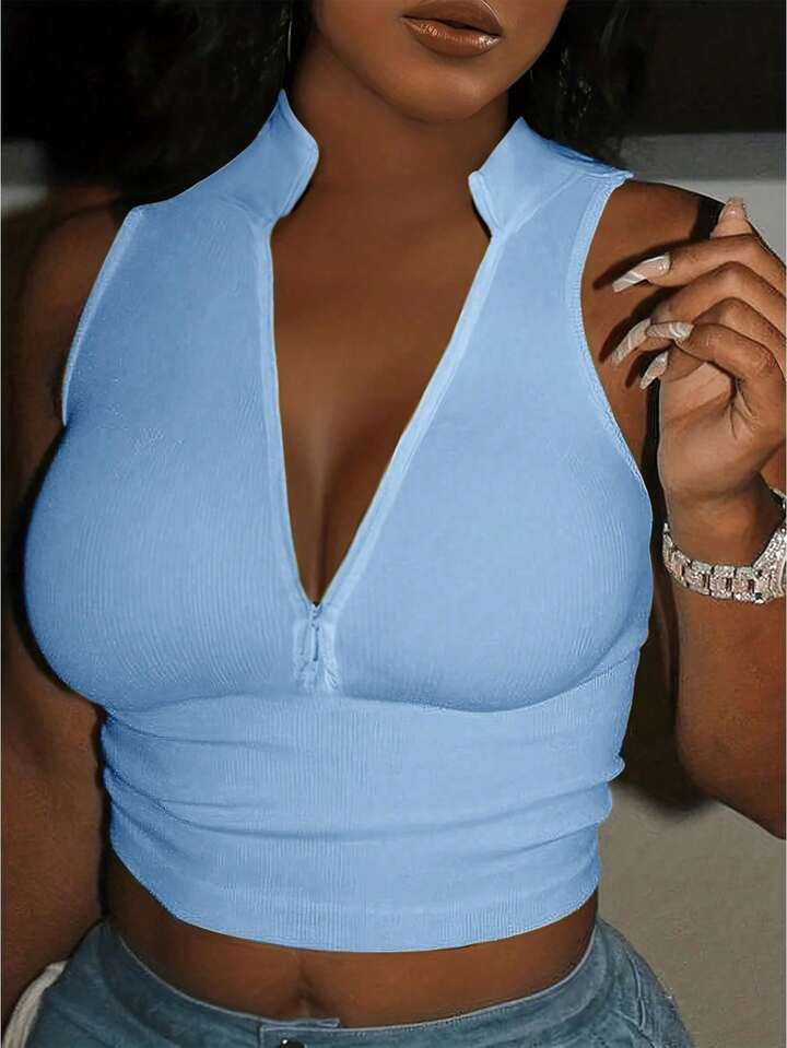 SHEIN SXY Women'S Solid Color Sleeveless Tank Top For Summer With Stand Collar And Front Zipper | SHEIN