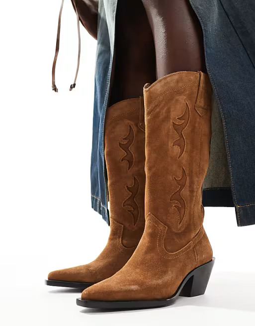 Stradivarius suede look heeled cowboy boot in beige | ASOS (Global)