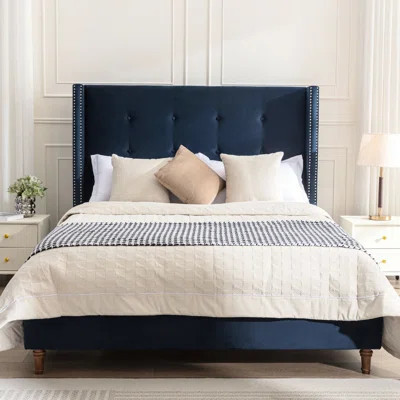 Upholstered Queen Bed, 54" Tall Headboard, Velvet, No Box Spring, Straightforward Assembly, Traditional Hand Buttoned Tufting, Nailhead Trim Wingback | Wayfair North America