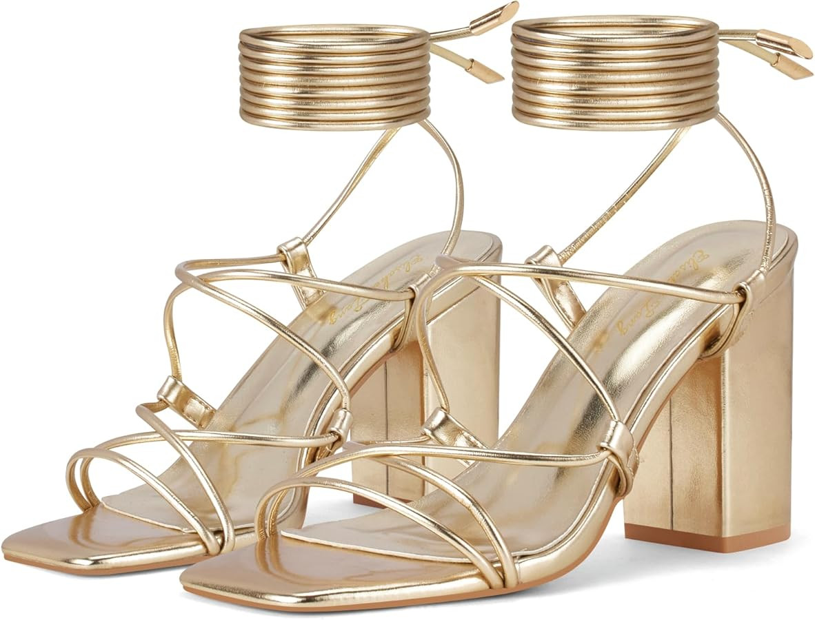 Elisabet Tang Square Toe Strappy Chunky Heels Sandals, 3 inch Women's Lace Up Low Block Heels Ank... | Amazon (US)