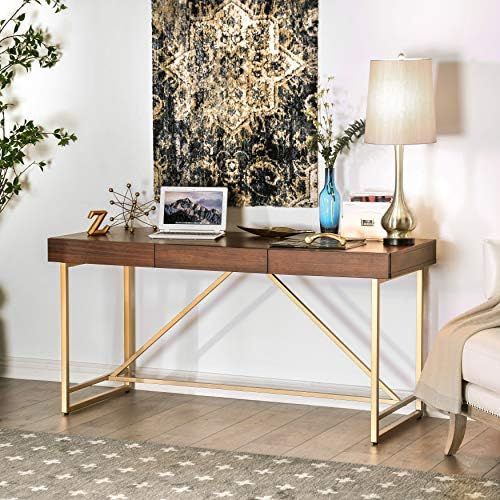 Contemporary 60-inch Light Walnut Desk Brown Modern Transitional Rectangular Metal Veneer Wood Gold  | Amazon (US)