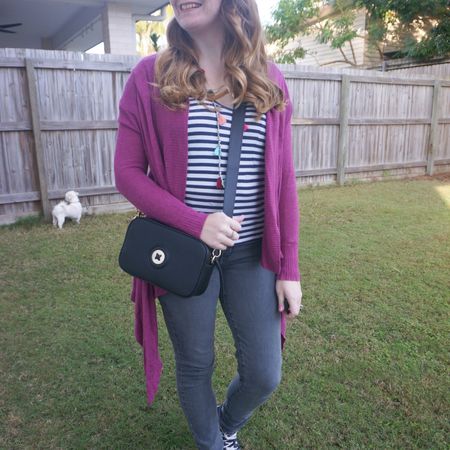Adding colour to a striped tee and jeans outfit with my magenta waterfall cardigan and my fun tassel necklace 💜

#LTKaustralia #LTKwinter #LTKbag