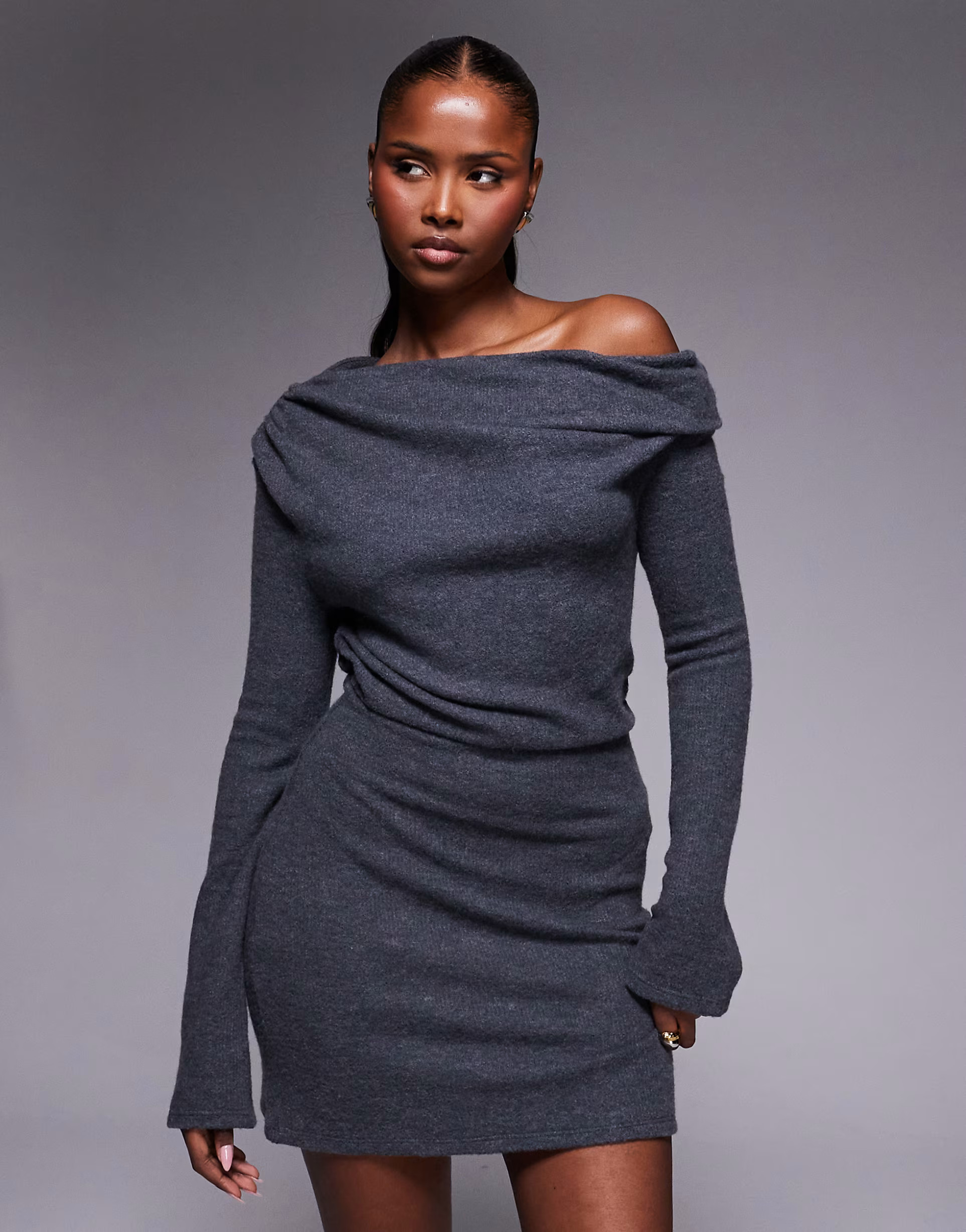 ASOS DESIGN fluffy fallen shoulder mini dress in charcoal | ASOS | ASOS (Global)