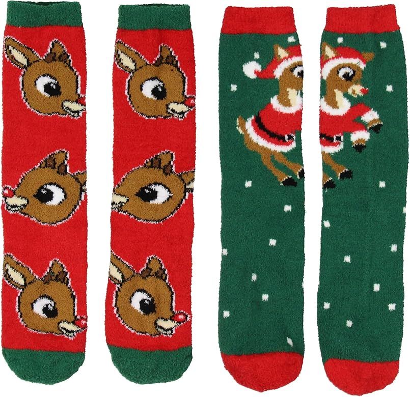 Bioworld Rudolph The Red Nosed Reindeer Christmas Adult Fuzzy Plush Crew Socks 2 Pack For Women M... | Amazon (US)