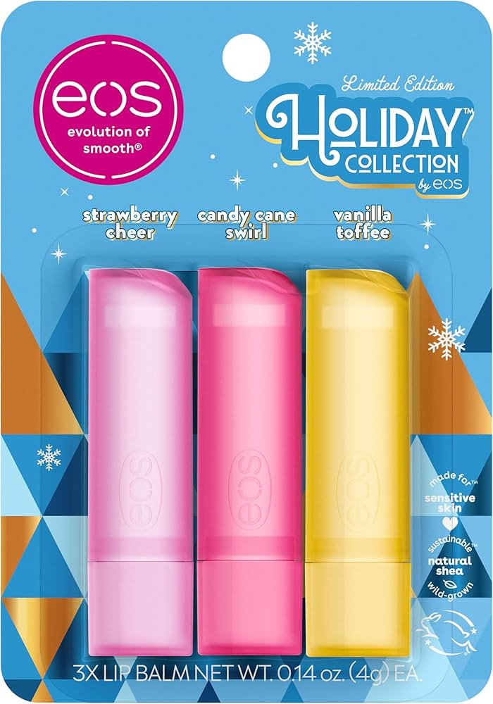 eos Holiday Lip Balm Gift- Strawberry Cheer, Candy Cane Swirl & Vanilla Toffee, Stocking Stuffers... | Amazon (US)