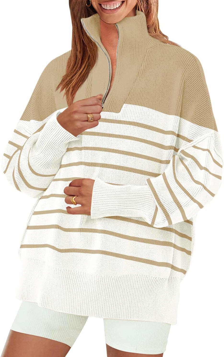 ZESICA Women's Striped Sweaters Half Zipper Long Sleeve Ribbed Knit Loose Oversized Fall Pullover... | Amazon (US)