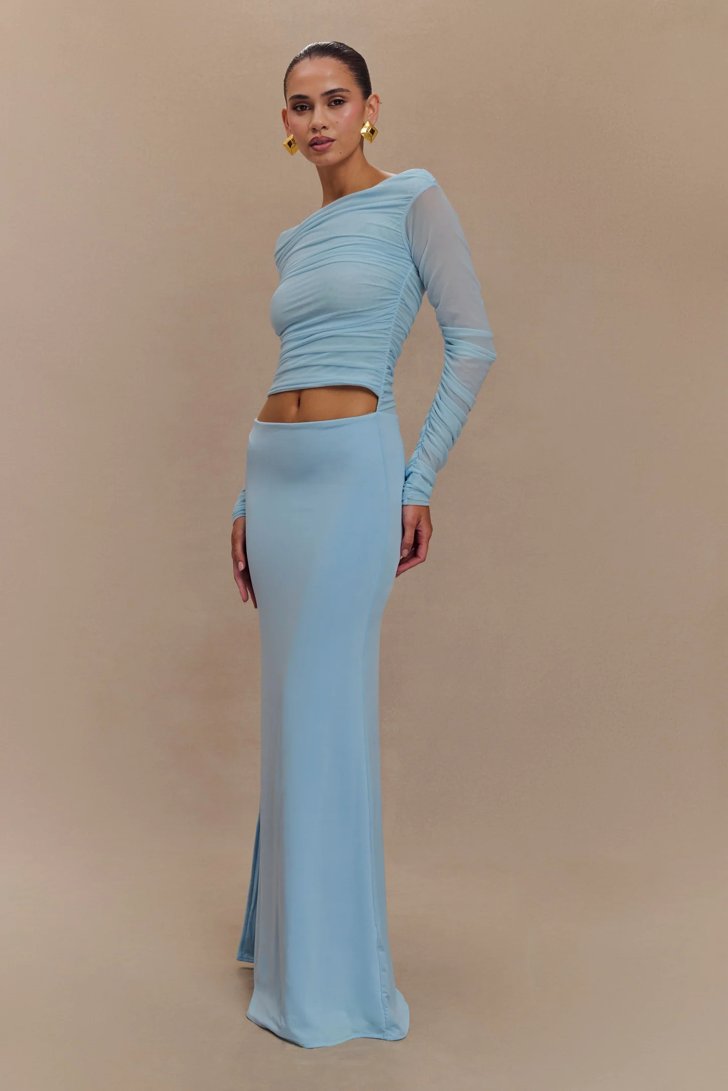 Darla Mesh And Slinky Off Shoulder Maxi Dress - Sky Blue | MESHKI US