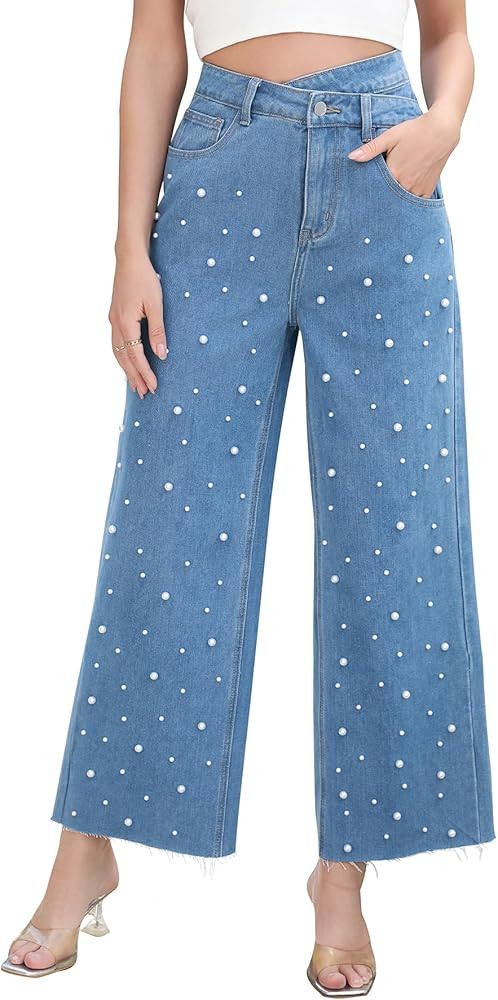 Kedera Womens High Waisted Pearl Jeans Casual Embellished Jeans Crossover Straight Leg Denim Pant... | Amazon (US)