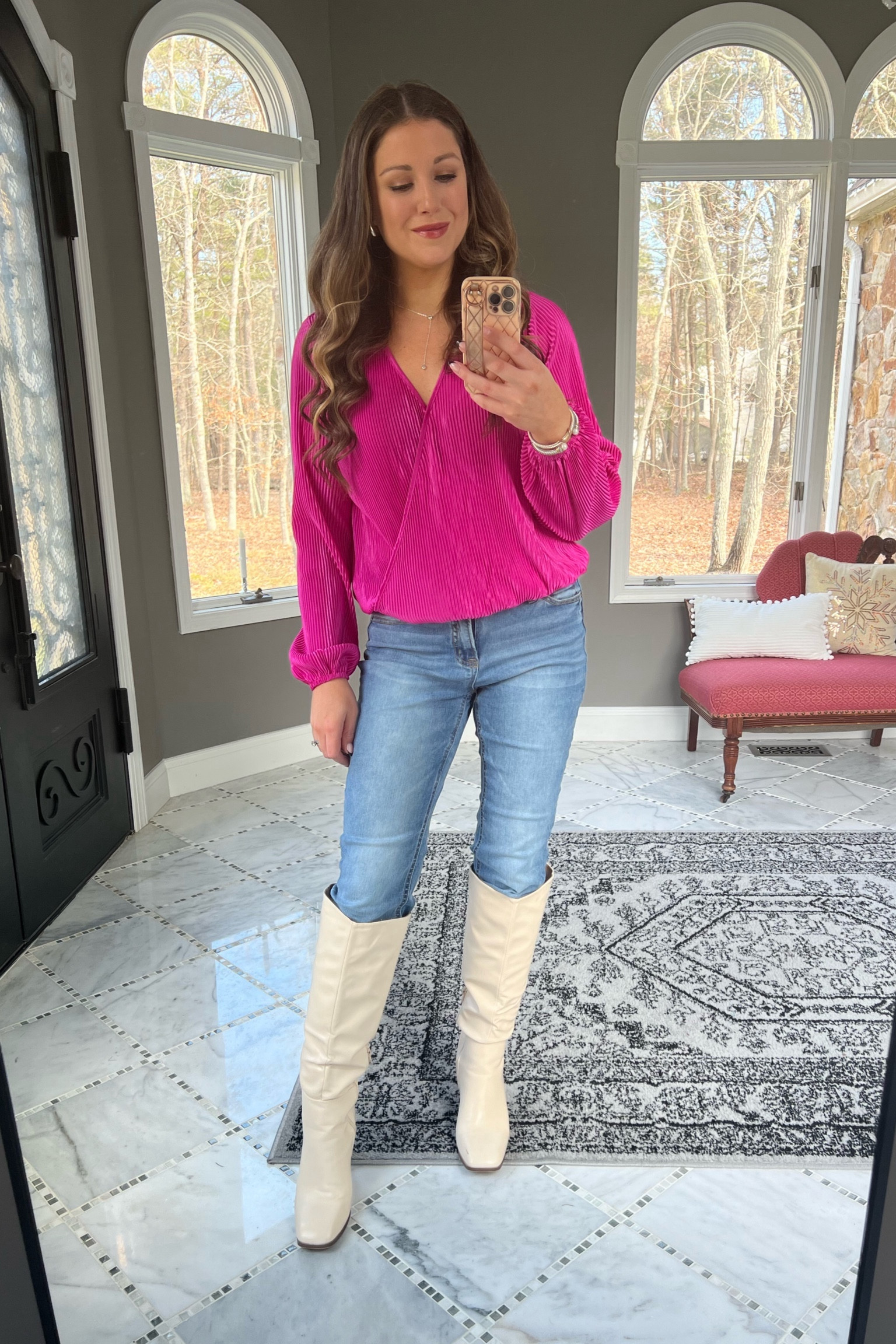 Valentine’s Day outfit idea, pink top, pink shirt, pink blouse, Barbie pink, knee high boots, cream boots, casual jeans, Walmart jeans, millennial style, mom outfit, outfit ideas, spring outfit, spring style 

#LTKstyletip #LTKshoecrush #LTKfindsunder50