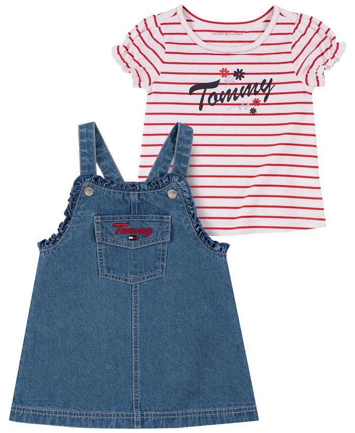 Tommy Hilfiger Toddler Girls Striped Logo T-shirt and Ruffle-Trim Denim A-Line Jumper Set, 2 Piec... | Macys (US)