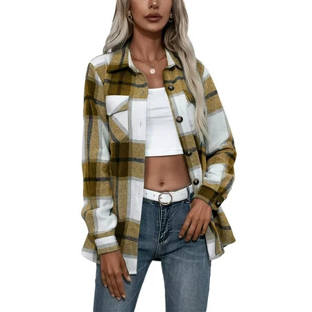Womens Flannel Plaid Shirts Mid-Long Blouses Lapel Button Down Casual Jacket Shacket | Walmart (US)