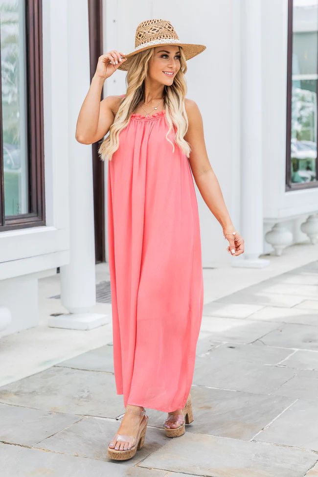 Choose Fate Coral High Neck Midi Dress | Pink Lily
