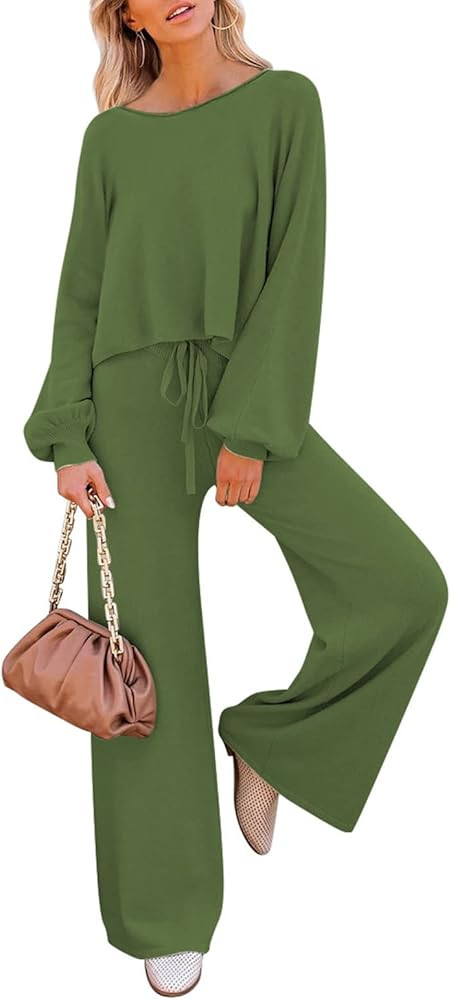 Pink Queen Women's 2 Piece Outfit Sweater Set Long Sleeve Crop Knit Top and Wide Leg Long Pants S... | Amazon (US)